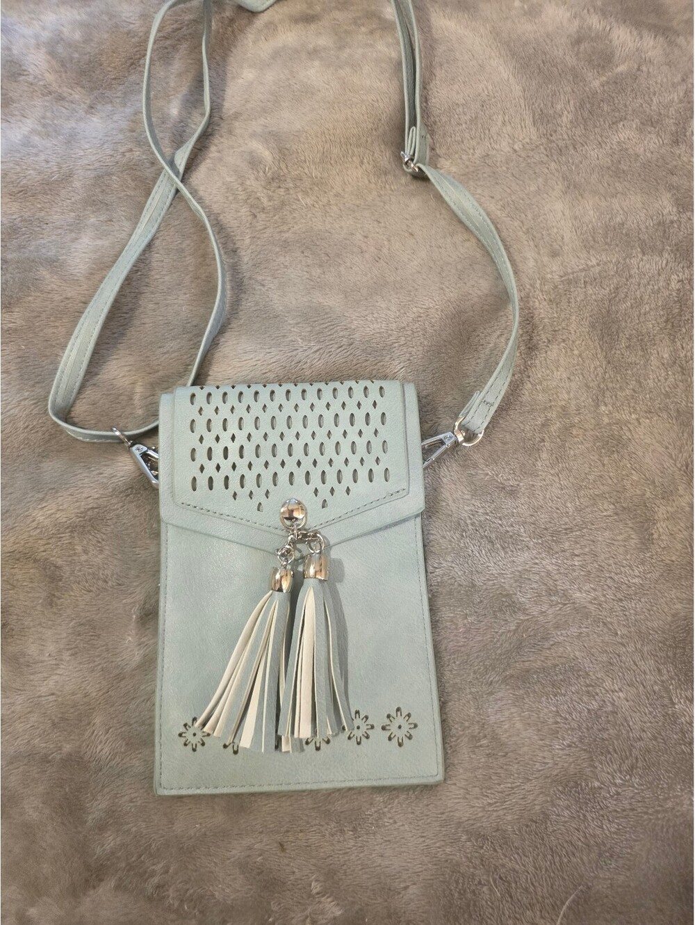 Light Blue Faux Leather Crossbody Bag with Tassel Detail and Card Slots